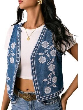 Embroidered Blue Denim Vest with White Floral Detail